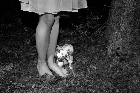 eine frau mit einem plüschelefant im wald